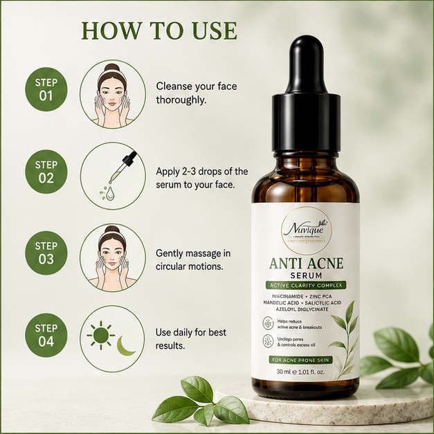 Nuvique Anti Acne Serum for Face with Niacinamide, Zinc PCA, Salicylic Acid & Mandelic Acid | Acne Control Serum for Pimples, Breakouts & Excess Oil | Pore Refining Facial Serum for Acne-Prone Skin | 30ml