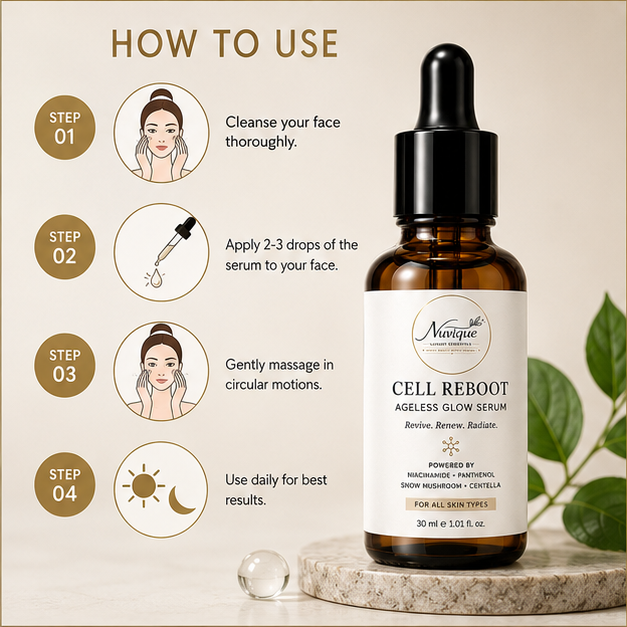Nuvique Cell Reboot Ageless Glow Serum with Niacinamide, Panthenol, Snow Mushroom & Centella | Hydrating Face Serum for Fine Lines, Skin Firmness & Radiant Glow | Anti-Aging Serum for Women & Men | 30ml