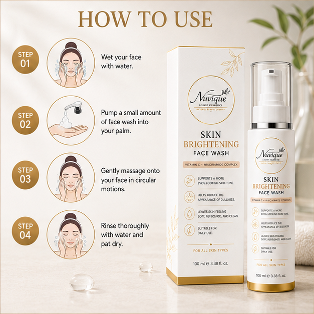 Nuvique Skin Brightening Face Wash with Vitamin C & Niacinamide | Brightening Cleanser for Dull & Uneven Skin Tone | Gentle Daily Face Wash for Radiant, Fresh & Healthy-Looking Skin | 100ml