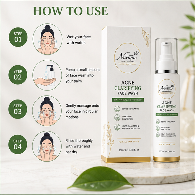 Nuvique Acne Clarifying Face Wash with BHA + PHA Dual Acid Technology | Face Wash for Acne-Prone & Oily Skin | Helps Clear Pores, Control Excess Oil & Smooth Skin Texture | Daily Facial Cleanser | 100ml