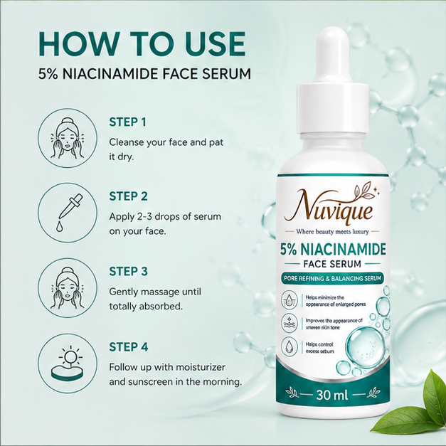 Nuvique Niacinamide Face Serum 30 ml | Lightweight Daily Facial Serum for Pore Care, Oil Balance, Smooth Texture & Even Looking Skin | Suitable for Oily, Combination & Normal Skin