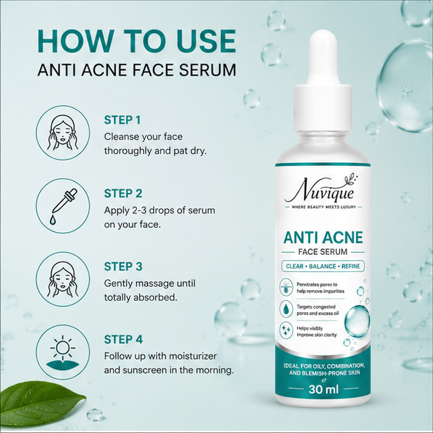 Nuvique Anti Acne Face Serum 30 ml | Lightweight Daily Facial Serum for Oily & Combination Skin, Pore Care & Smooth Looking Complexion