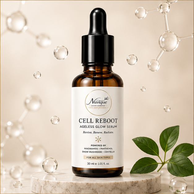 Nuvique Cell Reboot Ageless Glow Serum with Niacinamide, Panthenol, Snow Mushroom & Centella | Hydrating Face Serum for Fine Lines, Skin Firmness & Radiant Glow | Anti-Aging Serum for Women & Men | 30ml