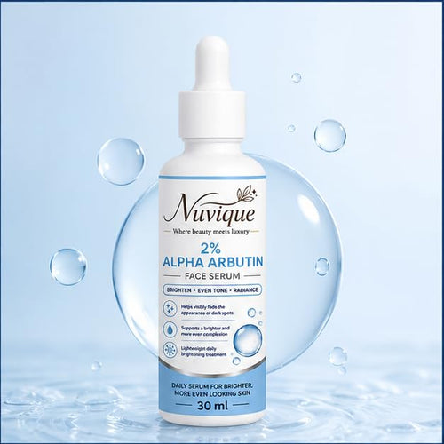Nuvique 2% Alpha Arbutin Face Serum 30 ml | Daily Brightening Facial Serum for Even Looking Skin & Radiant Complexion | Lightweight Formula for All Skin Types