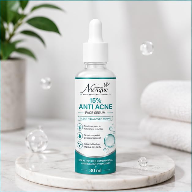 Nuvique Anti Acne Face Serum 30 ml | Lightweight Daily Facial Serum for Oily & Combination Skin, Pore Care & Smooth Looking Complexion