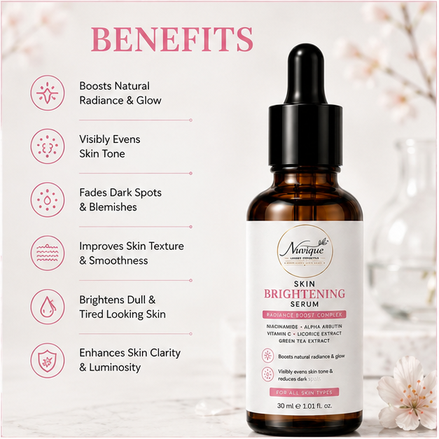 Nuvique Skin Brightening Serum with Niacinamide, Alpha Arbutin & Vitamin C | Dark Spot Corrector Serum for Face | Brightening & Glow Serum for Uneven Skin Tone | Hydrating Daily Facial Serum | 30ml