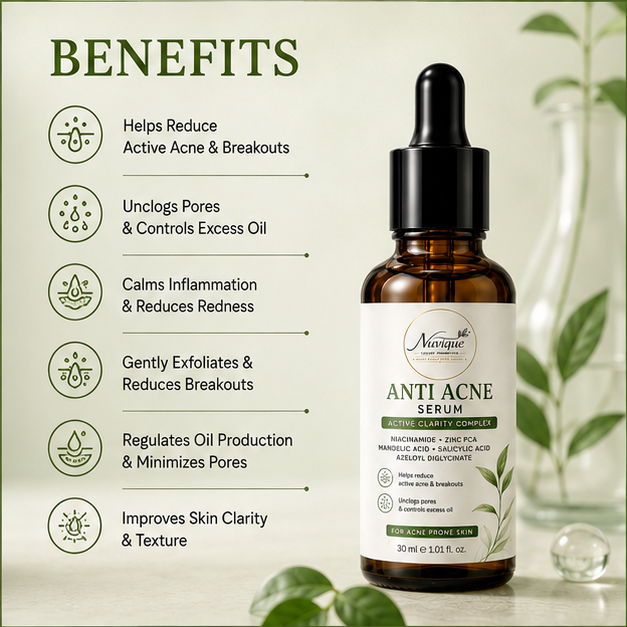 Nuvique Anti Acne Serum for Face with Niacinamide, Zinc PCA, Salicylic Acid & Mandelic Acid | Acne Control Serum for Pimples, Breakouts & Excess Oil | Pore Refining Facial Serum for Acne-Prone Skin | 30ml