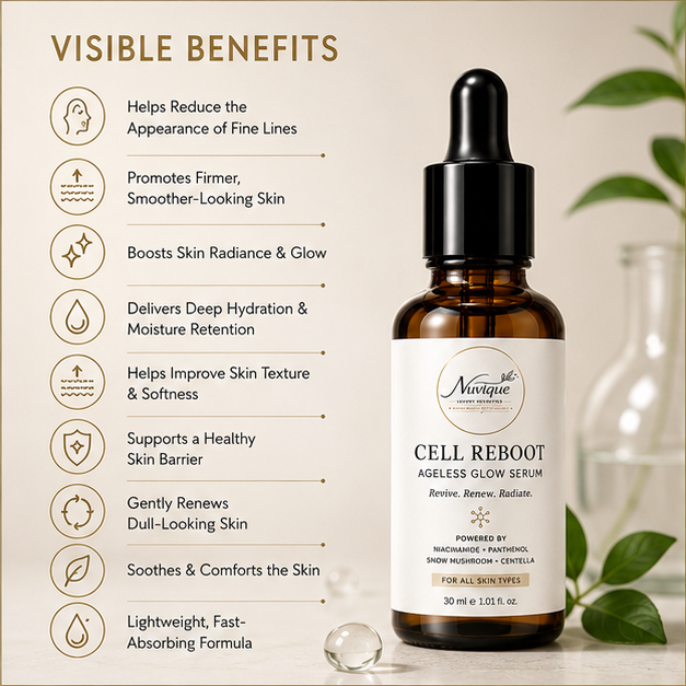 Nuvique Cell Reboot Ageless Glow Serum with Niacinamide, Panthenol, Snow Mushroom & Centella | Hydrating Face Serum for Fine Lines, Skin Firmness & Radiant Glow | Anti-Aging Serum for Women & Men | 30ml