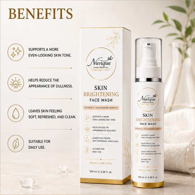 Nuvique Skin Brightening Face Wash with Vitamin C & Niacinamide | Brightening Cleanser for Dull & Uneven Skin Tone | Gentle Daily Face Wash for Radiant, Fresh & Healthy-Looking Skin | 100ml
