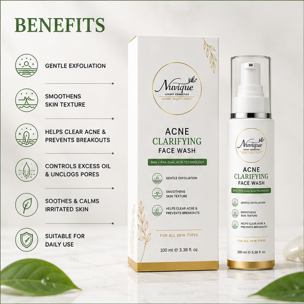 Nuvique Acne Clarifying Face Wash with BHA + PHA Dual Acid Technology | Face Wash for Acne-Prone & Oily Skin | Helps Clear Pores, Control Excess Oil & Smooth Skin Texture | Daily Facial Cleanser | 100ml