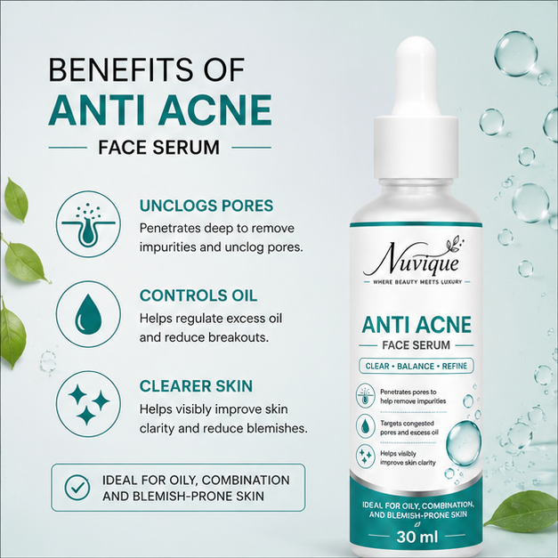 Nuvique Anti Acne Face Serum 30 ml | Lightweight Daily Facial Serum for Oily & Combination Skin, Pore Care & Smooth Looking Complexion