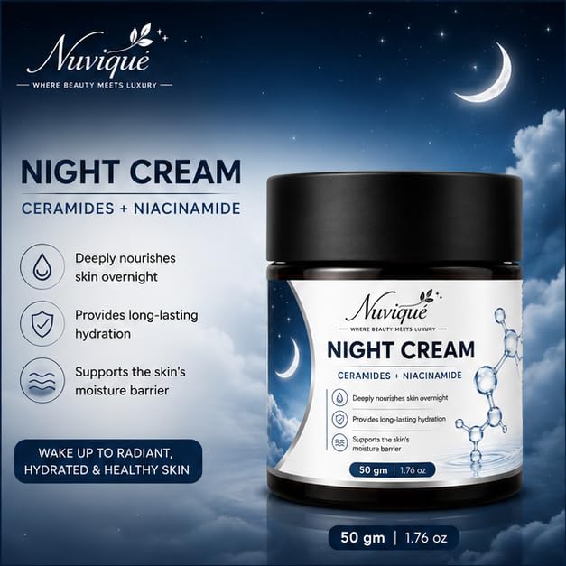 Nuvique Night Cream with Ceramides & Niacinamide 50g | Overnight Moisturizing Face Cream for Soft & Healthy Looking Skin