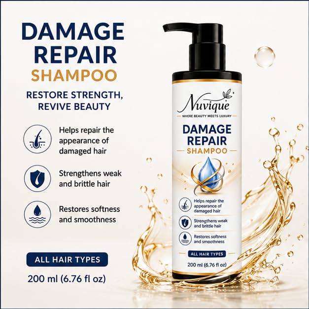 Nuvique Damage Repair Shampoo 200ml | Daily Shampoo for Dry & Damaged Hair | Helps Improve Hair Manageability