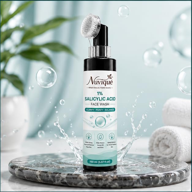 Nuvique 1% Salicylic Acid Face Wash with Built-in Cleansing Brush 150ml | Daily Facial Cleanser for Oily Skin
