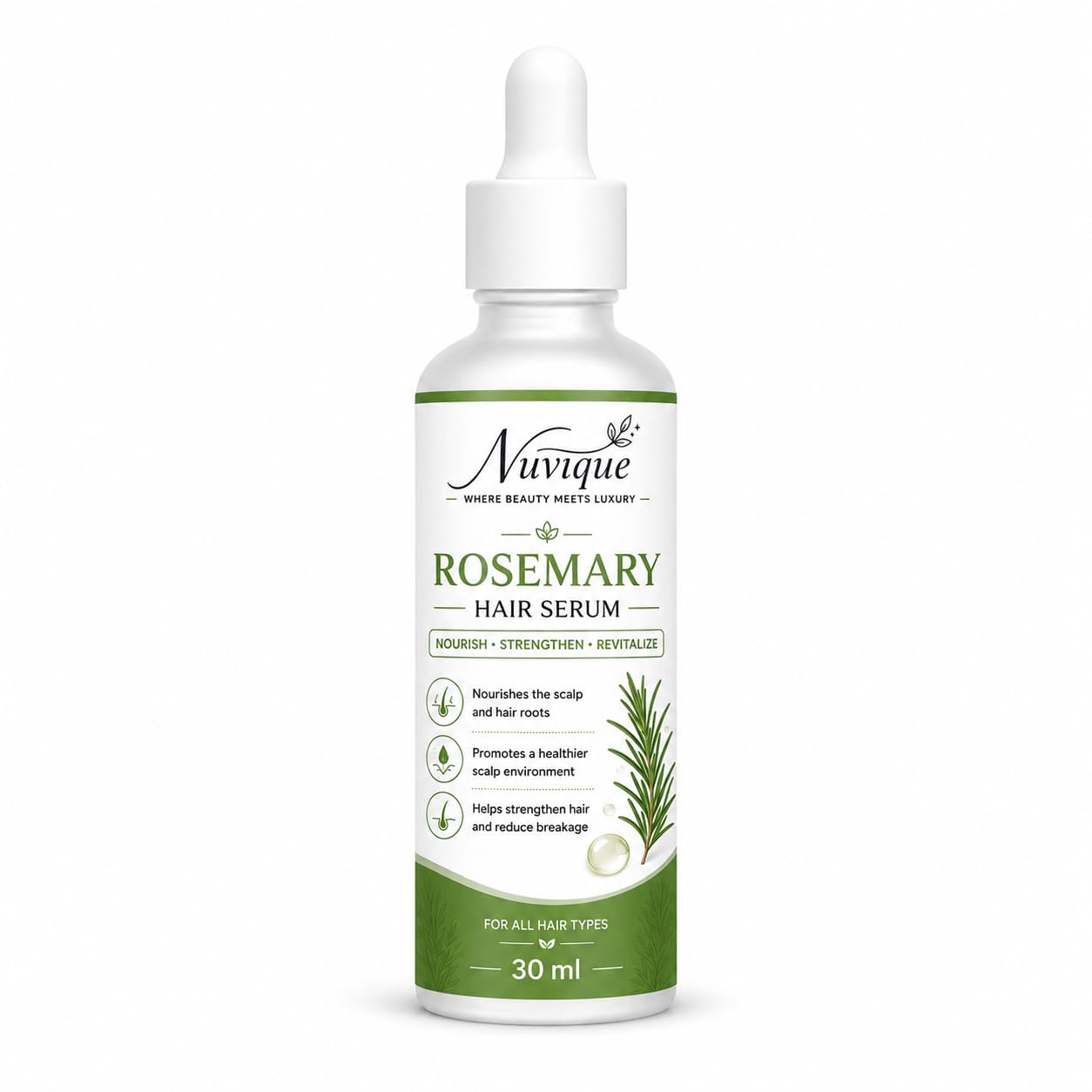 Nuvique Rosemary Hair Serum 30 ml | Lightweight Daily Hair Serum for Scalp & Hair Care | Non Greasy Formula for Smooth, Soft & Healthy Looking Hair