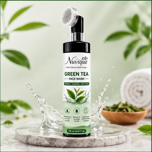 Nuvique Green Tea Face Wash with Built-in Cleansing Brush 150ml | Refreshing Daily Facial Cleanser with Green Tea Extract