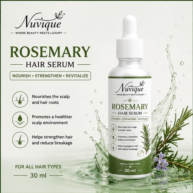 Nuvique Rosemary Hair Serum 30 ml | Lightweight Daily Hair Serum for Scalp & Hair Care | Non Greasy Formula for Smooth, Soft & Healthy Looking Hair
