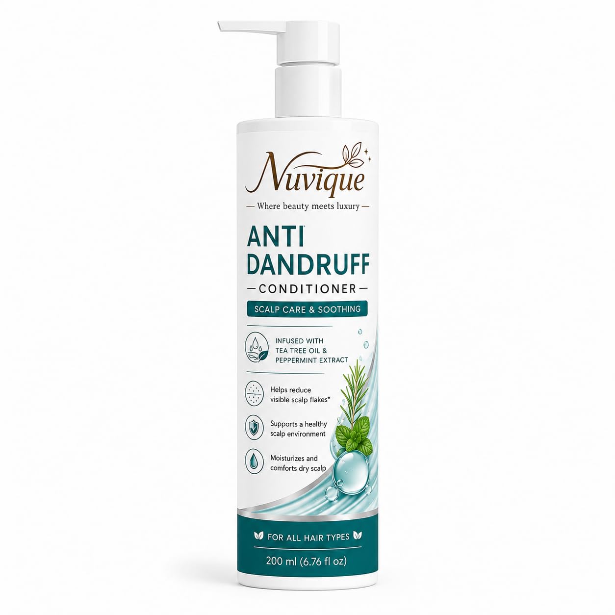 Nuvique Anti Dandruff Conditioner 200ml | Tea Tree Oil & Peppermint Hair Conditioner | Daily Scalp Care | All Hair Types