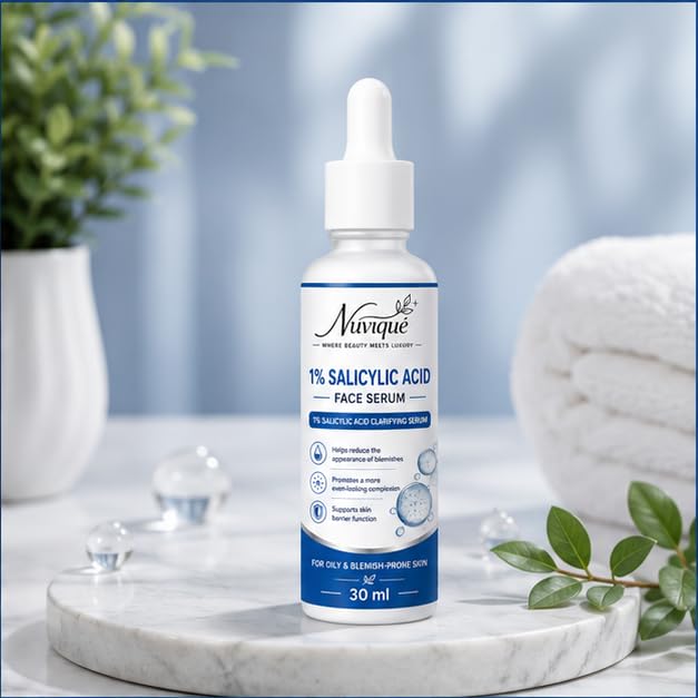 Nuvique 1% Salicylic Acid Face Serum 30 ml | Lightweight Daily Facial Serum for Oily & Blemish Prone Skin, Pore Care & Smooth Looking Skin | Fast Absorbing Formula