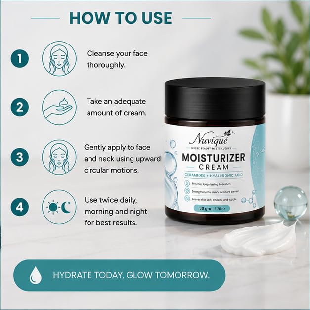 Nuvique Moisturizer Cream with Ceramides & Hyaluronic Acid 50g | Daily Face Moisturizer for Hydration & Skin Barrier Support
