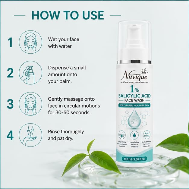 Nuvique 1% Salicylic Acid Face Wash 100ml | Daily Facial Cleanser for Oily & Combination Skin | Gentle Cleansing Formula