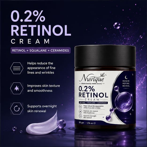 Nuvique 0.2% Retinol Cream with Squalane & Ceramides 50g | Evening Face Cream for Smoother Looking Skin