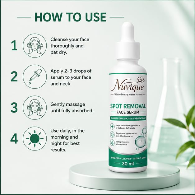 Nuvique Spot Removal Face Serum 30 ml | Daily Facial Serum for Uneven Looking Skin, Smooth Texture & Radiant Appearance | Lightweight Formula for All Skin Types