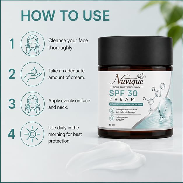 Nuvique SPF 30 Face Cream 50g | Broad Spectrum Daily Sun Protection Cream with Lightweight Formula