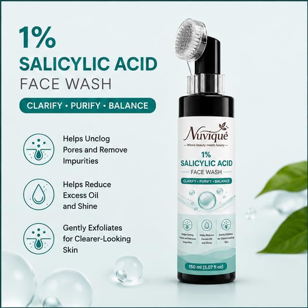 Nuvique 1% Salicylic Acid Face Wash with Built-in Cleansing Brush 150ml | Daily Facial Cleanser for Oily Skin