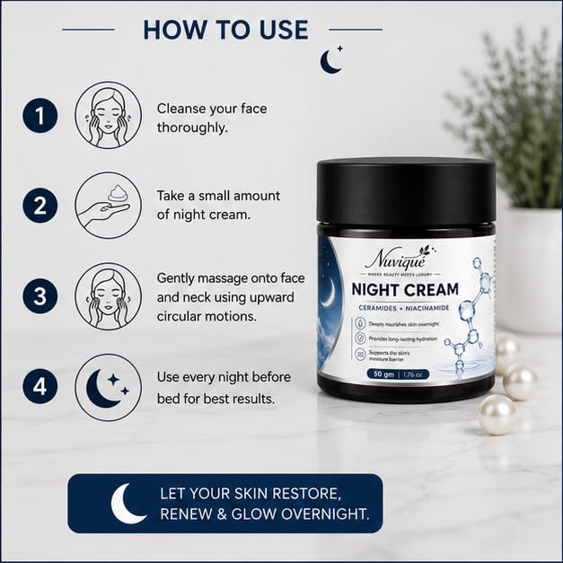 Nuvique Night Cream with Ceramides & Niacinamide 50g | Overnight Moisturizing Face Cream for Soft & Healthy Looking Skin