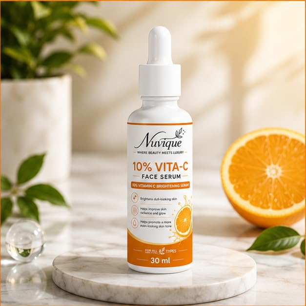 Nuvique 10% Vitamin C Face Serum 30 ml | Lightweight Daily Brightening Facial Serum for Glow, Radiance & Even Looking Skin | Fast Absorbing Formula for All Skin Types