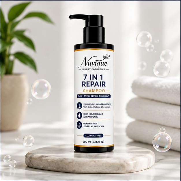 Nuvique 7 in 1 Repair Shampoo 200ml | Multi Benefit Daily Shampoo with Biotin, Proteins & Fenugreek | Suitable for All Hair Types