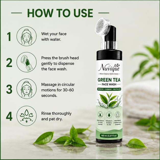 Nuvique Green Tea Face Wash with Built-in Cleansing Brush 150ml | Refreshing Daily Facial Cleanser with Green Tea Extract
