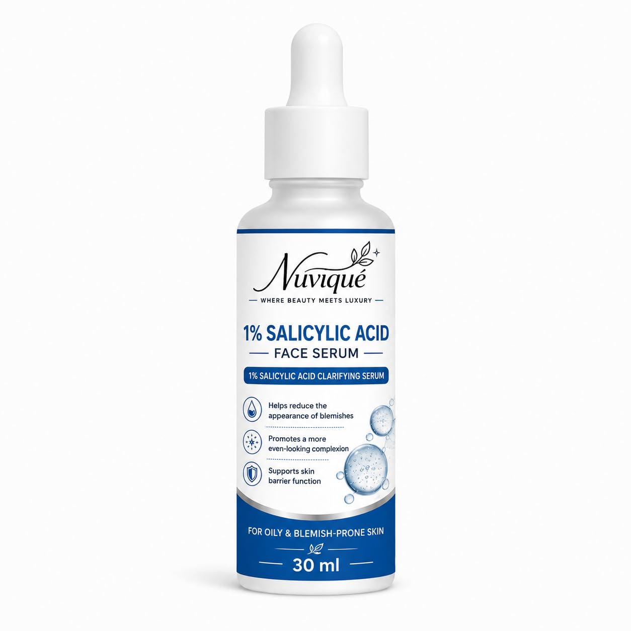 Nuvique 1% Salicylic Acid Face Serum 30 ml | Lightweight Daily Facial Serum for Oily & Blemish Prone Skin, Pore Care & Smooth Looking Skin | Fast Absorbing Formula