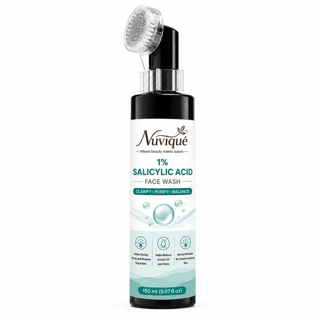 Nuvique 1% Salicylic Acid Face Wash with Built-in Cleansing Brush 150ml | Daily Facial Cleanser for Oily Skin