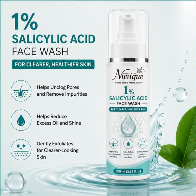Nuvique 1% Salicylic Acid Face Wash 100ml | Daily Facial Cleanser for Oily & Combination Skin | Gentle Cleansing Formula