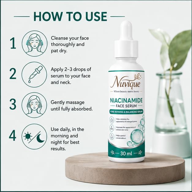 Nuvique Niacinamide Face Serum 30 ml | Lightweight Daily Facial Serum for Pore Care, Oil Balance, Smooth Texture & Even Looking Skin | Suitable for Oily, Combination & Normal Skin