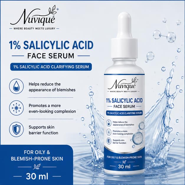 Nuvique 1% Salicylic Acid Face Serum 30 ml | Lightweight Daily Facial Serum for Oily & Blemish Prone Skin, Pore Care & Smooth Looking Skin | Fast Absorbing Formula
