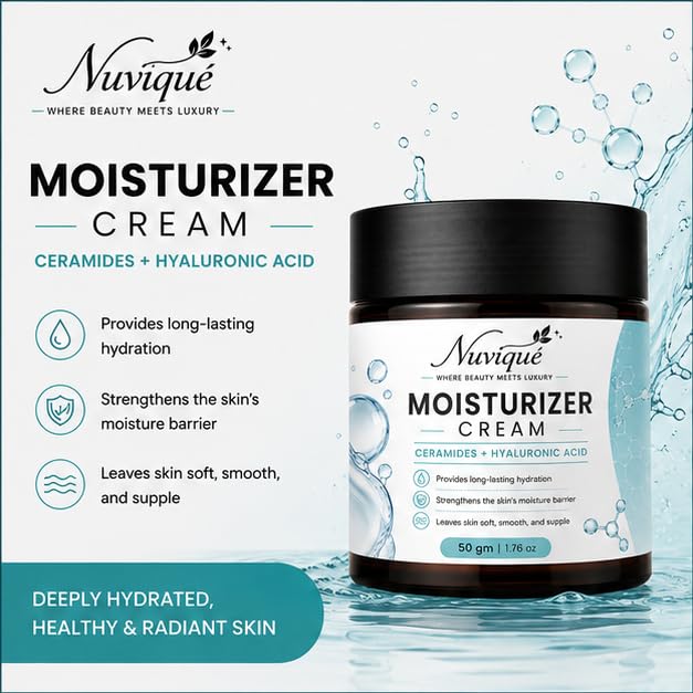 Nuvique Moisturizer Cream with Ceramides & Hyaluronic Acid 50g | Daily Face Moisturizer for Hydration & Skin Barrier Support