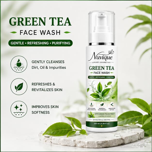 Nuvique Green Tea Face Wash 100ml | Gentle Daily Facial Cleanser with Green Tea Extract | Refreshing Face Wash for All Skin Types