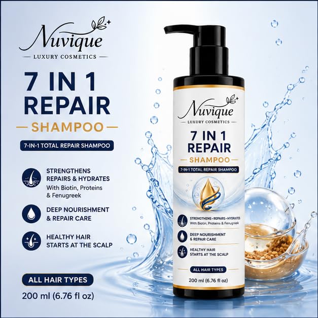 Nuvique 7 in 1 Repair Shampoo 200ml | Multi Benefit Daily Shampoo with Biotin, Proteins & Fenugreek | Suitable for All Hair Types