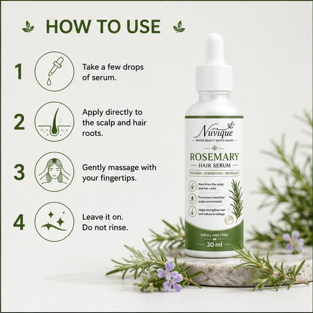 Nuvique Rosemary Hair Serum 30 ml | Lightweight Daily Hair Serum for Scalp & Hair Care | Non Greasy Formula for Smooth, Soft & Healthy Looking Hair