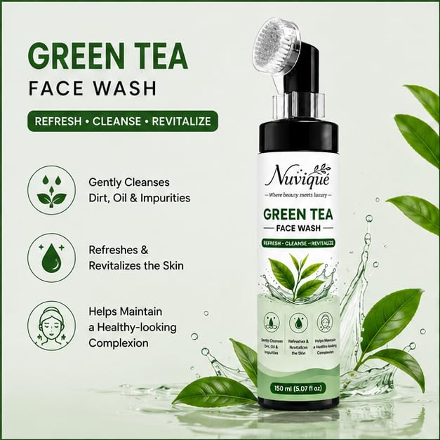 Nuvique Green Tea Face Wash with Built-in Cleansing Brush 150ml | Refreshing Daily Facial Cleanser with Green Tea Extract