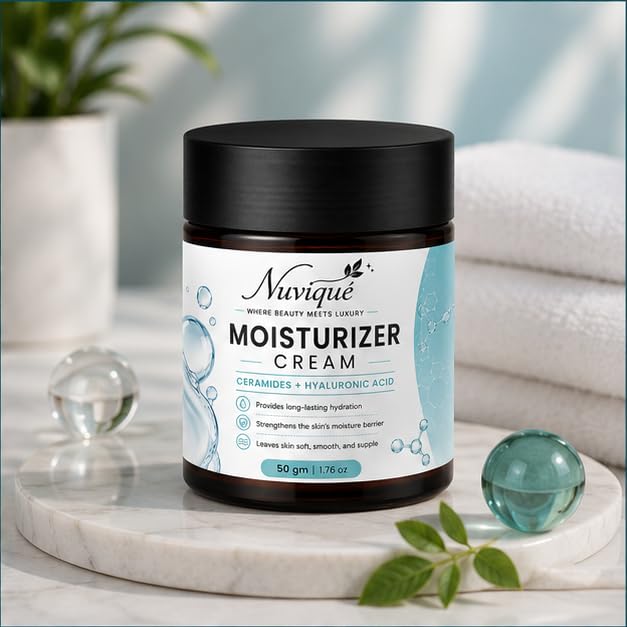 Nuvique Moisturizer Cream with Ceramides & Hyaluronic Acid 50g | Daily Face Moisturizer for Hydration & Skin Barrier Support