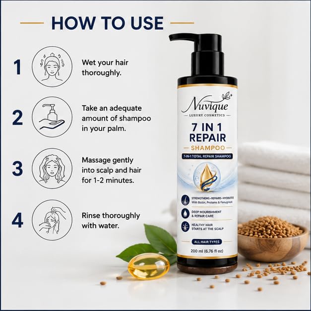 Nuvique 7 in 1 Repair Shampoo 200ml | Multi Benefit Daily Shampoo with Biotin, Proteins & Fenugreek | Suitable for All Hair Types