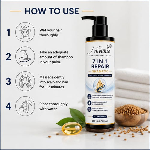 Nuvique 7 in 1 Repair Shampoo 200ml | Multi Benefit Daily Shampoo with Biotin, Proteins & Fenugreek | Suitable for All Hair Types