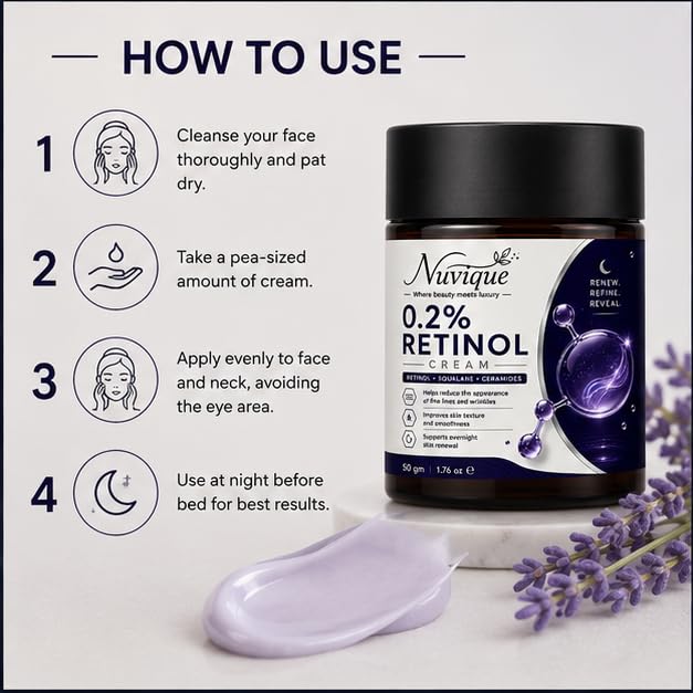 Nuvique 0.2% Retinol Cream with Squalane & Ceramides 50g | Evening Face Cream for Smoother Looking Skin