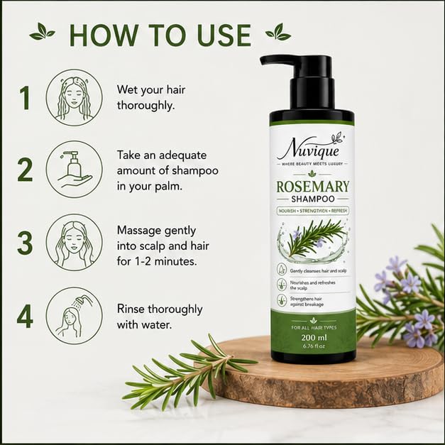 Nuvique Rosemary Shampoo 200ml | Refreshing Daily Shampoo for Hair & Scalp Care | Suitable for All Hair Types