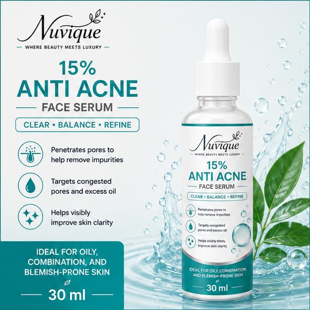 Nuvique Anti Acne Face Serum 30 ml | Lightweight Daily Facial Serum for Oily & Combination Skin, Pore Care & Smooth Looking Complexion