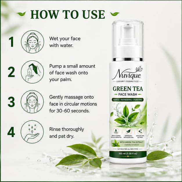 Nuvique Green Tea Face Wash 100ml | Gentle Daily Facial Cleanser with Green Tea Extract | Refreshing Face Wash for All Skin Types